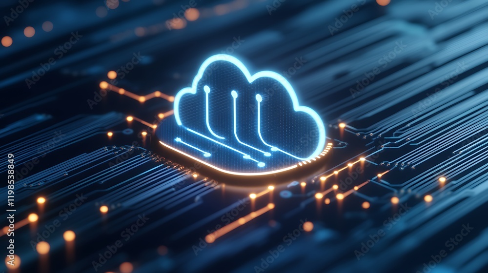 Poster futuristic cloud computing icon with digital circuit elements on a glowing data background