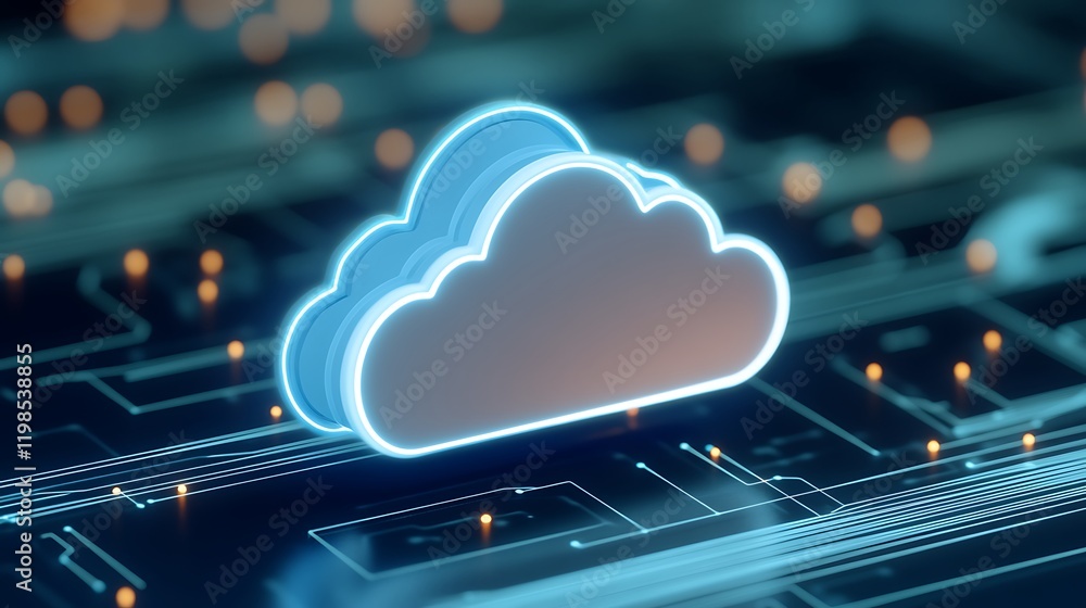 Poster futuristic cloud computing icon with digital interface and circuitry background for technology conce