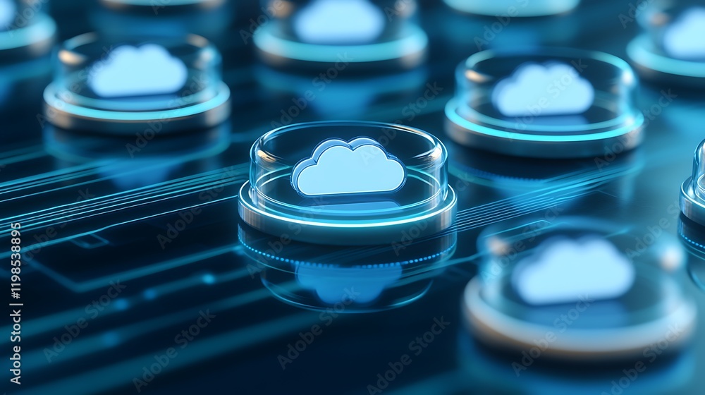 Poster futuristic cloud computing icons on circuit board background with digital technology elements and gl