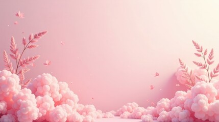 Fototapeta premium Pastel Pink Dreamscape Delicate Flowers and Fluffy Clouds in a Serene Setting