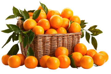 Fresh oranges in woven basket, vibrant and juicy, surrounded by green leaves