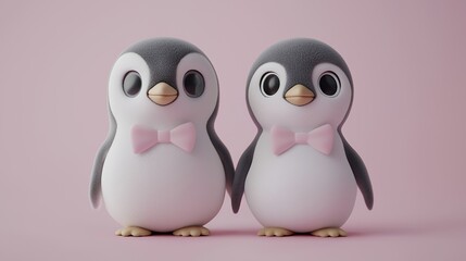 Obraz premium Two cute cartoon penguins wearing pink bows, symbolizing love and companionship against a soft pink background.