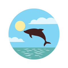 Dolphin Silhouette Jumping on the Ocean Surface with Sun Circle in Summer Bright Sky