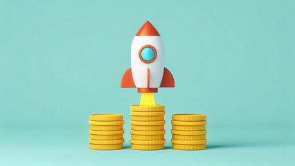 A colorful rocket sits atop stacks of gold coins, symbolizing innovation, finance, and growth against a teal background.