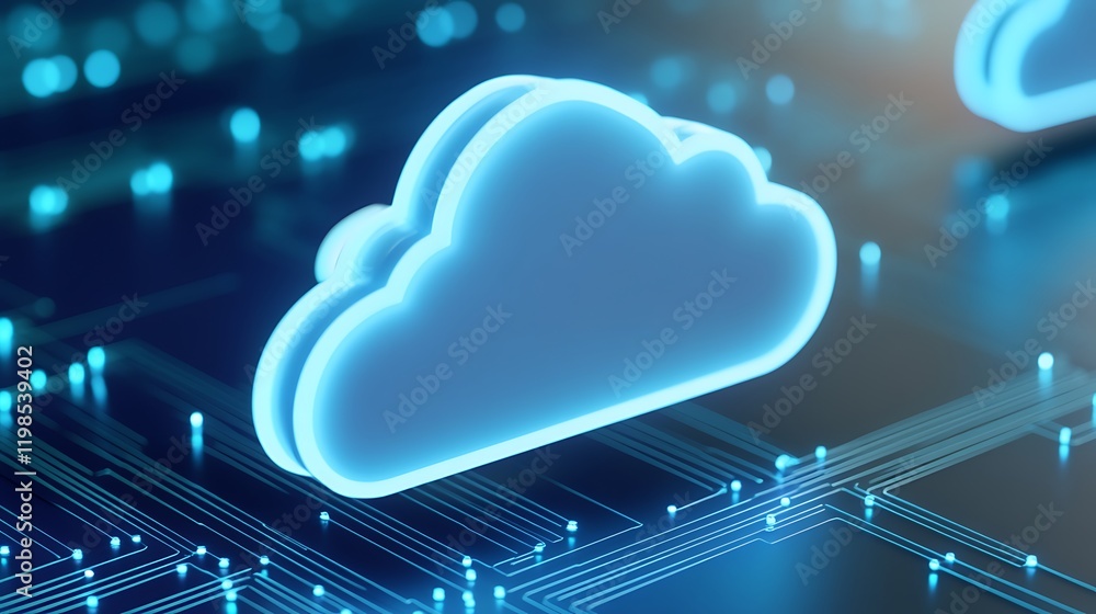 Poster futuristic cloud icon overlaid on digital circuit background signifying cloud computing and technolo