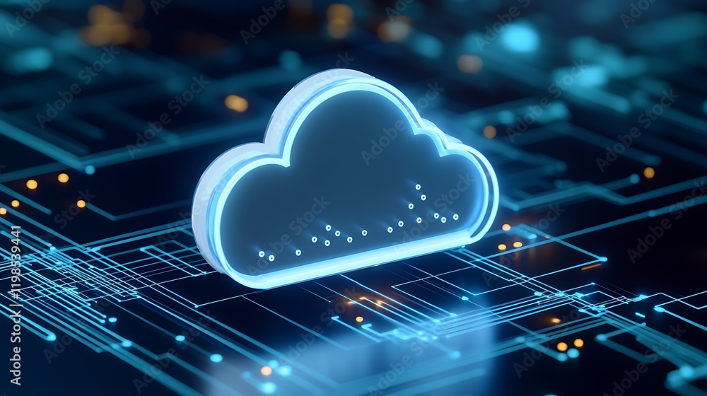 Poster futuristic cloud icon surrounded by digital circuitry and data connections in a modern technology se