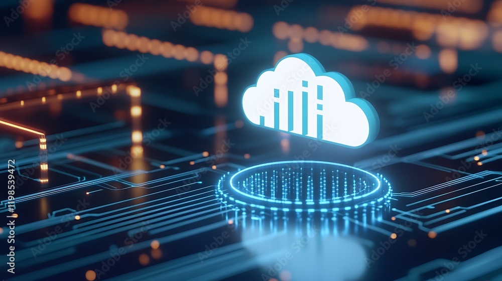Poster futuristic cloud icon with abstract circuitry background and digital elements in blue and orange col