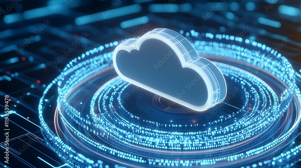 Poster futuristic cloud icon surrounded by glowing data patterns and circuitry in a digital environment