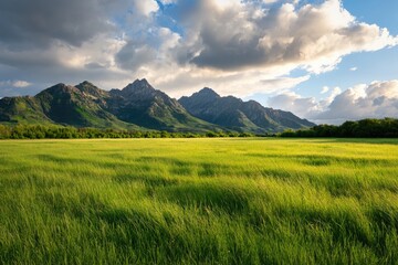 Obraz premium A serene landscape featuring lush green fields with majestic mountains in the background under a partly cloudy sky.