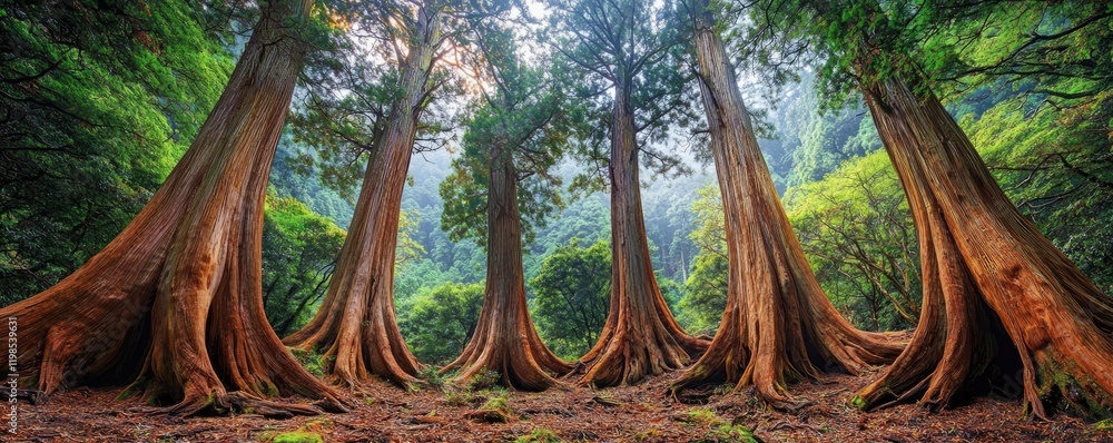 Poster a serene forest scene featuring towering trees with prominent roots, surrounded by lush greenery and