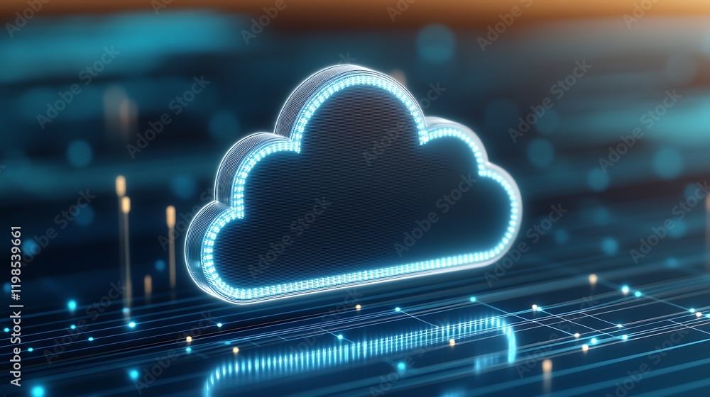 Poster futuristic cloud icon with glowing effects on digital circuit background for technology and innovati