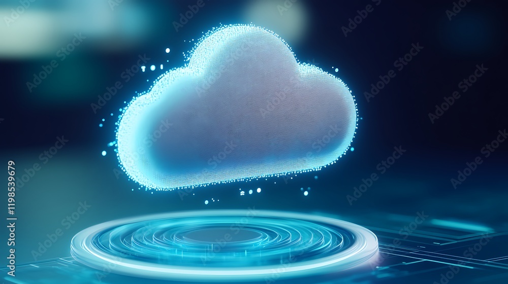 Poster futuristic cloud icon with neon glow above digital data interface representing modern technology con
