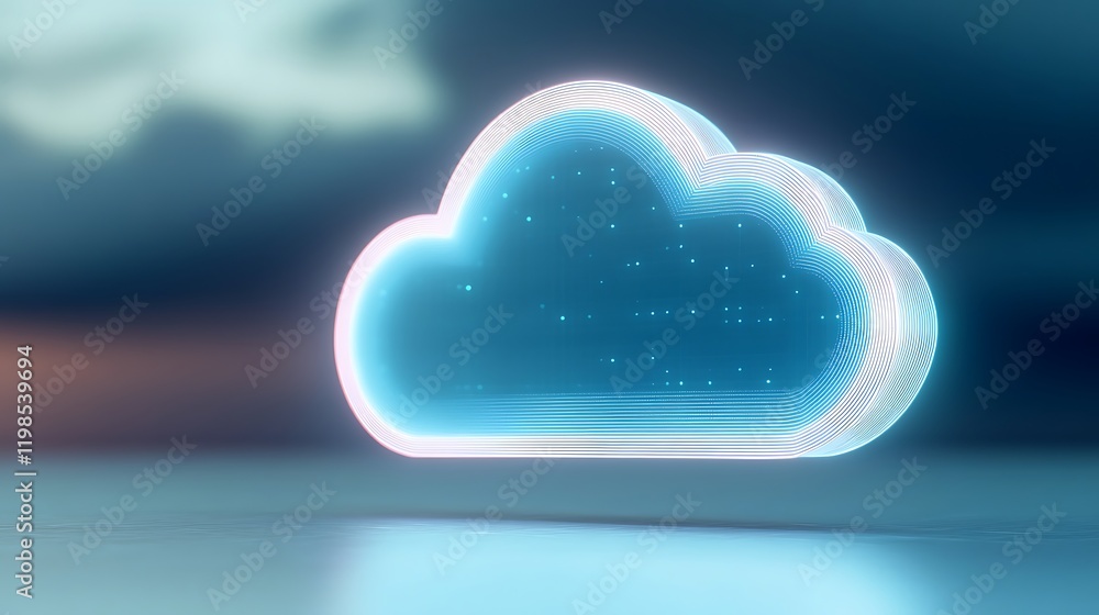Poster futuristic cloud icon with neon glow and digital design elements on soft gradient background