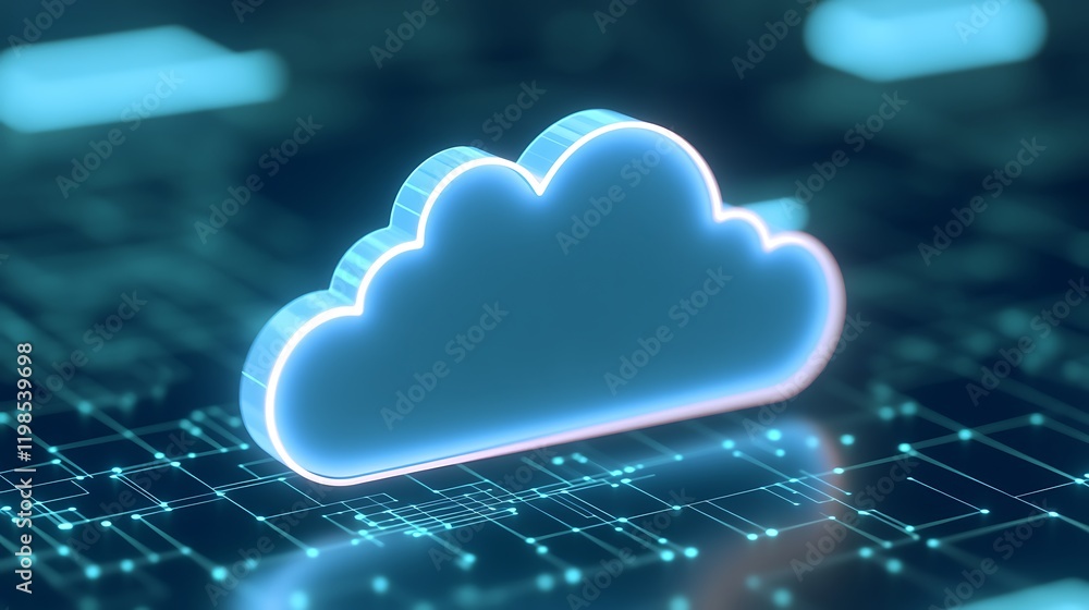 Poster futuristic cloud icon with neon glow on digital background for technology and data storage concepts