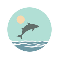 Dolphin Silhouette Jumping on the Ocean Surface with Sun Circle in Summer Bright Sky
