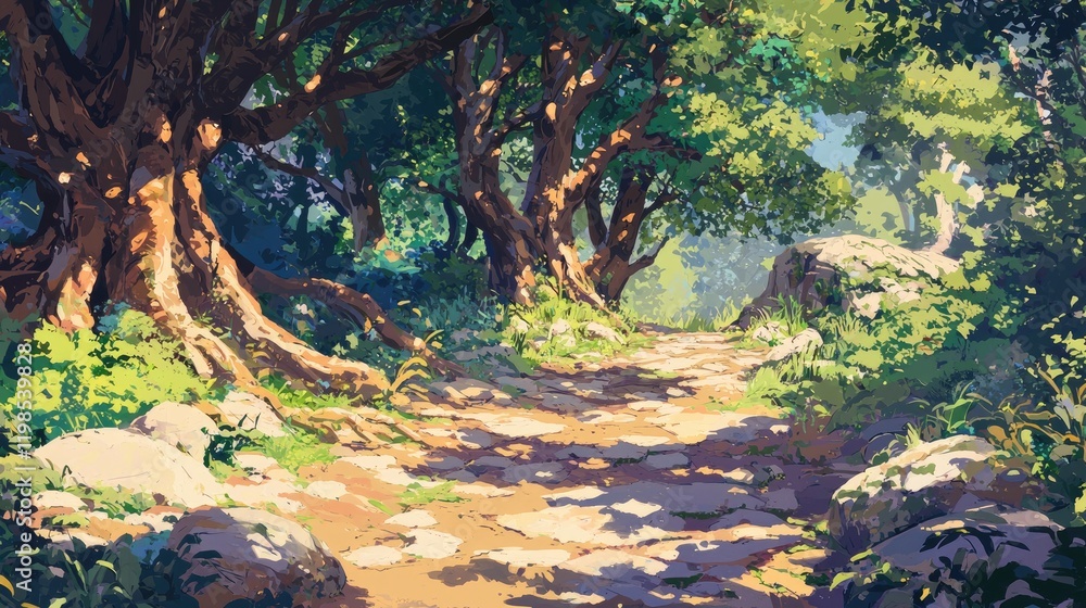 Poster a serene forest path surrounded by lush greenery and sunlight filtering through the trees, creating 