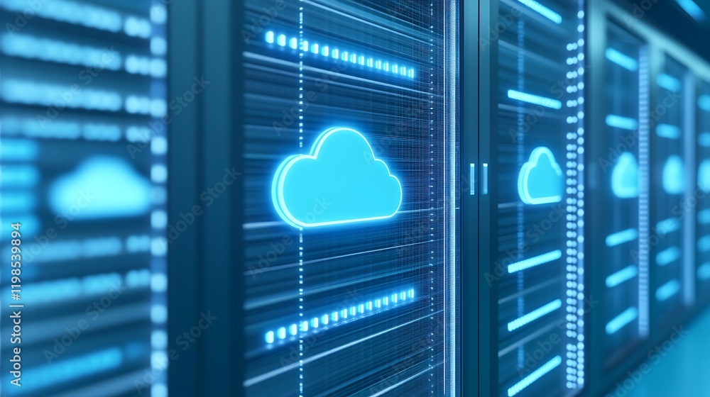 Poster futuristic cloud storage concept with digital server room and neon cloud icons representing data man