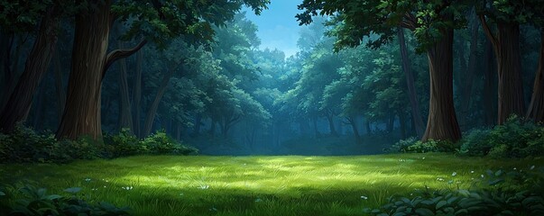 Fototapeta premium A serene forest scene featuring lush greenery and a bright, open clearing under a tranquil blue sky.