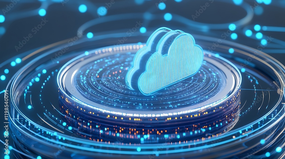 Poster futuristic cloud symbol surrounded by digital data visualization and circuits representing cloud tec