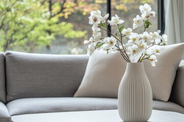 White flowers in vase on coffee table near grey sofa.