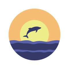 Dolphin Silhouette Jumping on the Ocean Surface with Sun Circle at Sunset Sunrise