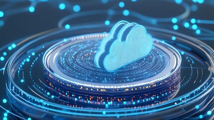 Futuristic Cloud Symbol Surrounded by Digital Data Visualization and Circuits Representing Cloud Technology