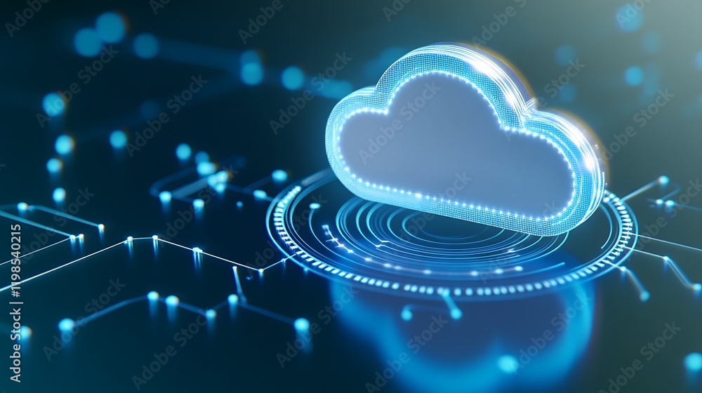 Poster futuristic cloud technology concept with data circuits and glowing elements for digital solutions an