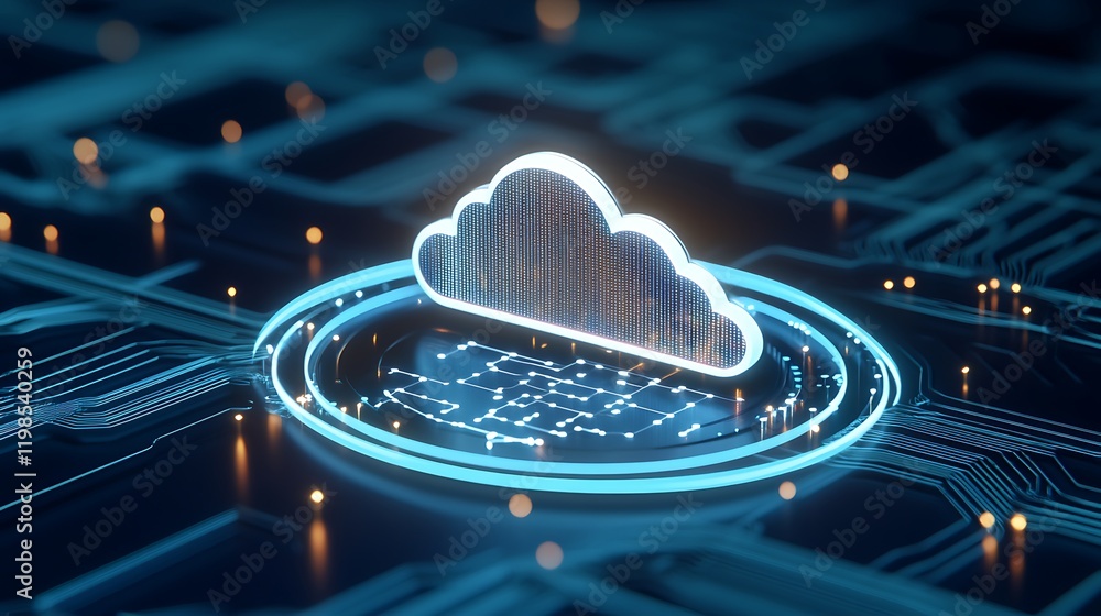 Poster futuristic cloud technology concept with digital circuit board and glowing elements for modern data 