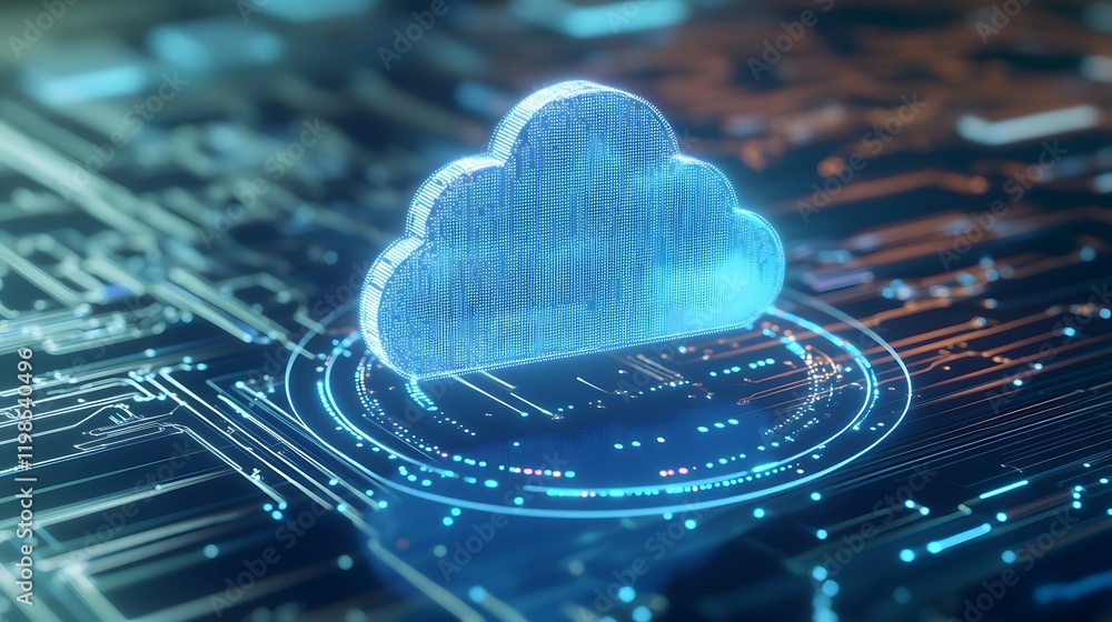 Poster futuristic cloud technology symbol on circuit board with digital elements and data connection visual
