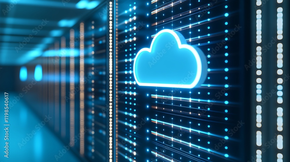 Poster futuristic data center with neon cloud icon symbolizing cloud computing and digital storage solution