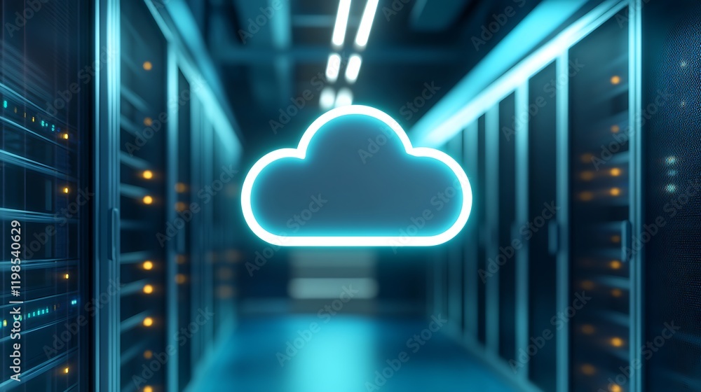Poster futuristic data center with glowing cloud symbol representing cloud computing and digital storage so