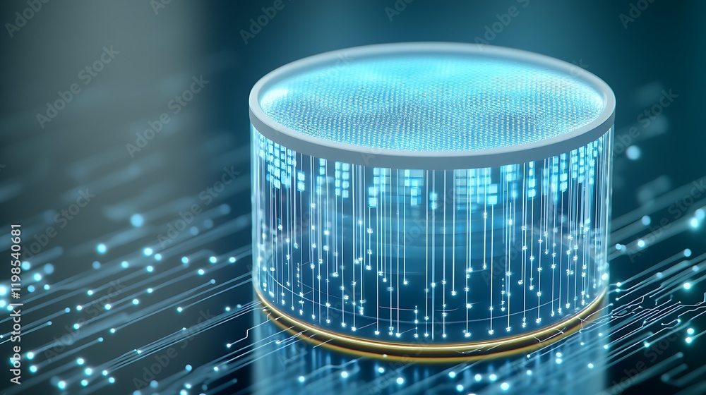 Poster futuristic data processing cylinder with digital lines and blue light representing technology and in