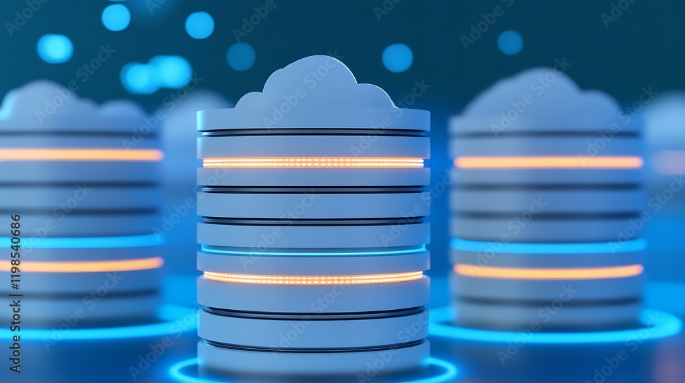 Poster futuristic data storage concept with cloud design and bright neon lighting in a digital environment