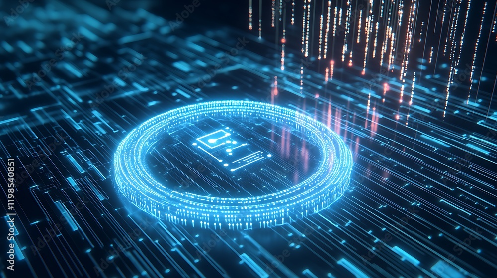 Poster futuristic digital circuit board with glowing nodes and data streams in cyber space environment