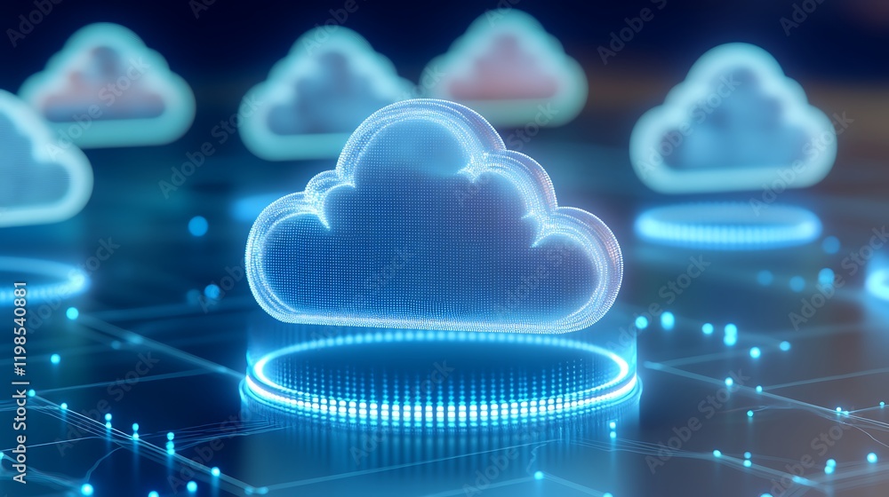 Poster futuristic digital cloud computing concept with holographic clouds and data connections in a tech en