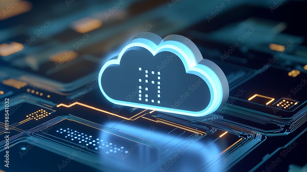 Poster futuristic digital cloud icon on circuit board with glowing lines and data matrix background