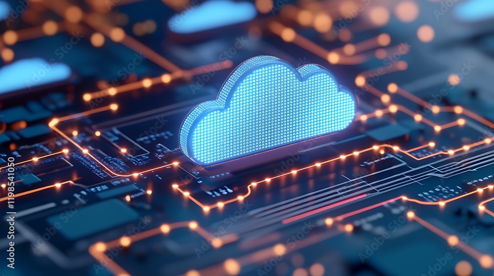 Poster futuristic digital cloud icon representing cloud computing and data storage on circuit board backgro