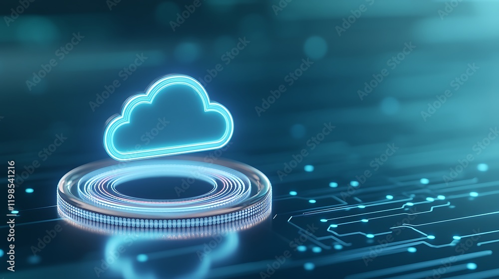 Poster futuristic digital cloud icon with glowing effects surrounded by circuit patterns on a technological