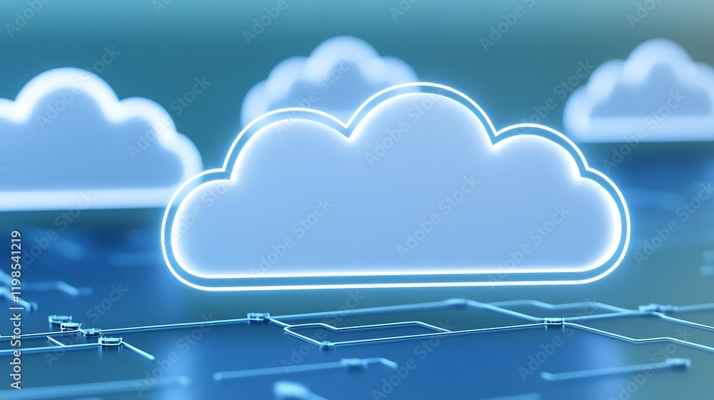 Poster futuristic digital cloud network technology concept with glowing clouds and circuit board elements