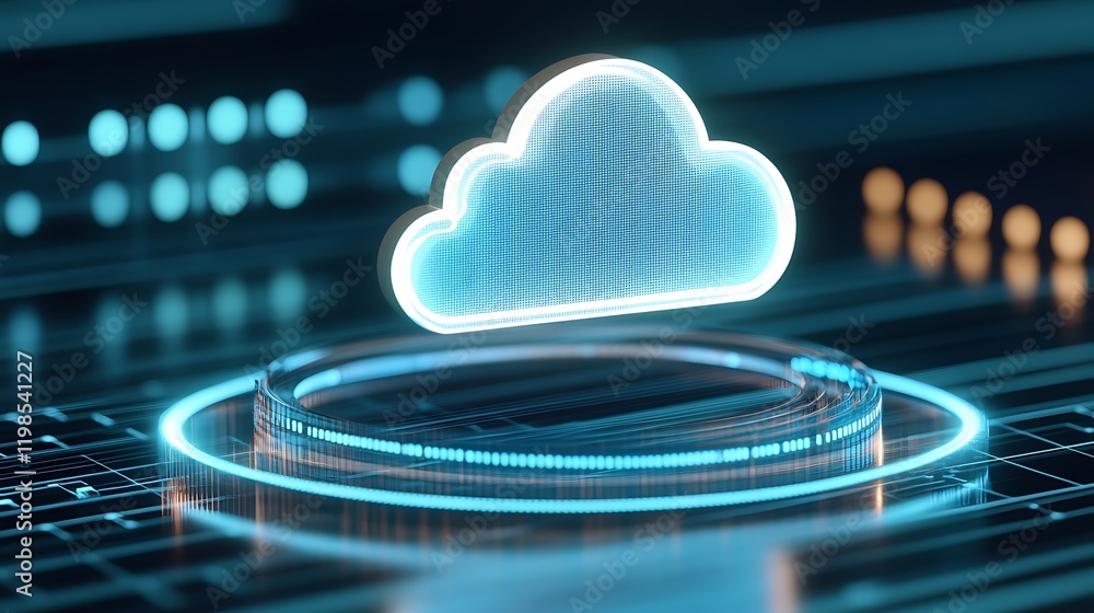 Poster futuristic digital cloud icon with neon lights on circuit board background for technology and comput