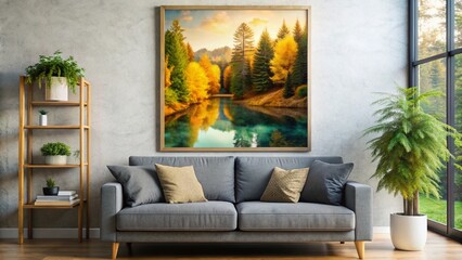 Customizable Vertical Poster Frame Mockup: Double Exposure Photography of Living Room Couch