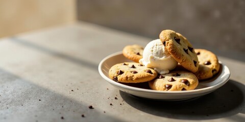 A delectable arrangement of freshly baked chocolate chip cookies, complemented by a scoop of creamy vanilla ice cream, presented on an elegant plate, bathed in soft sunlight.