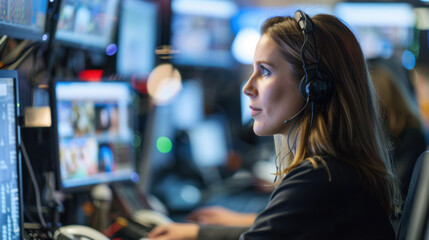 Focused young asian woman with a headset at her desk in a bustling office solving customer queries and providing services