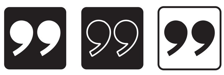 Quote right icon set. double quotation vector symbol. discussion dialog remark open and close quote sign in black filled and outlined style.