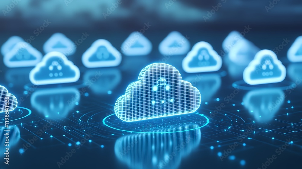 Aufkleber futuristic digital cloud technology icons with neon effect and data circles in a cyber environment
