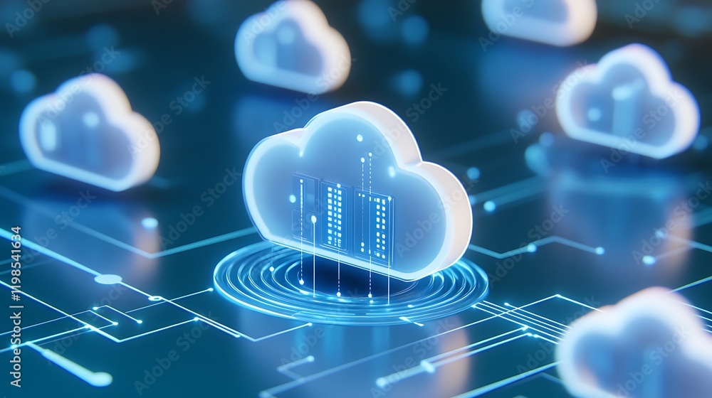 Poster futuristic digital cloud technology with blue connectivity circuits and data visualization elements