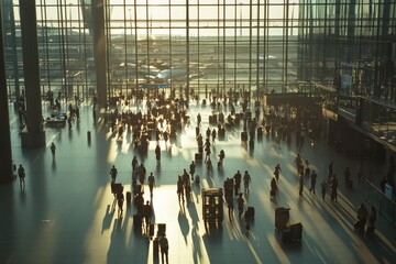 Crowded airport terminal at sunset, passengers walking.