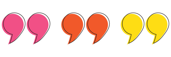 Quote right icon set. double quotation vector symbol. discussion dialog remark open and close quote sign in black filled and outlined style.