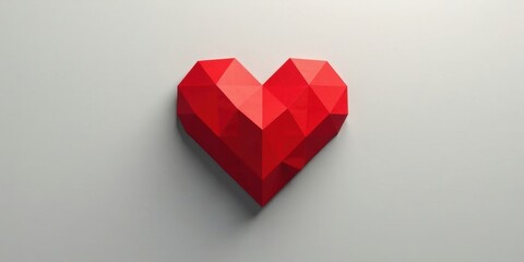 Fototapeta premium A vibrant red geometric heart crafted from folded paper, a symbol of affection and love, rests on a neutral background.