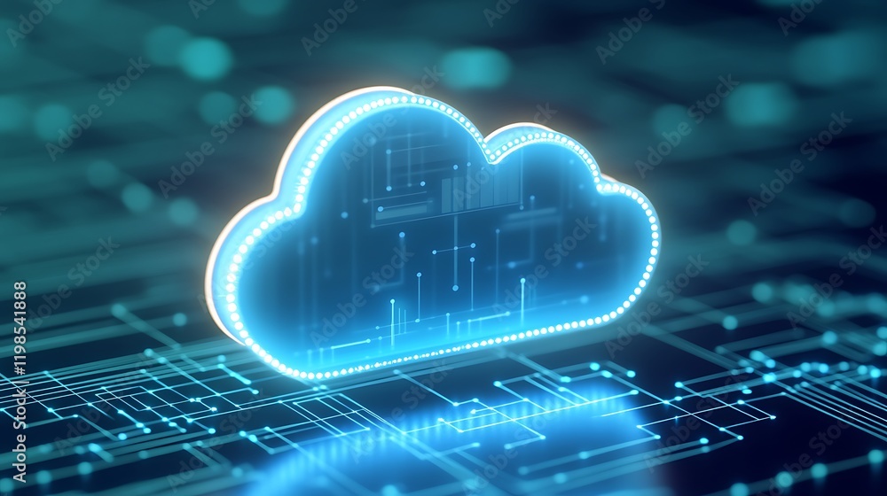Poster futuristic glowing cloud symbol with digital circuits and data flow representation in blue tones